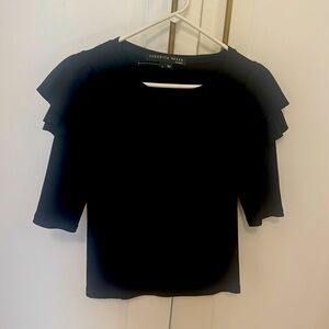 Veronica Beard black cotton top with ruffles and 3/4 sleeves.